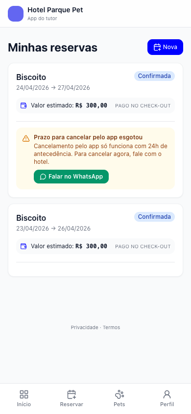 Tela de reservas do app do tutor